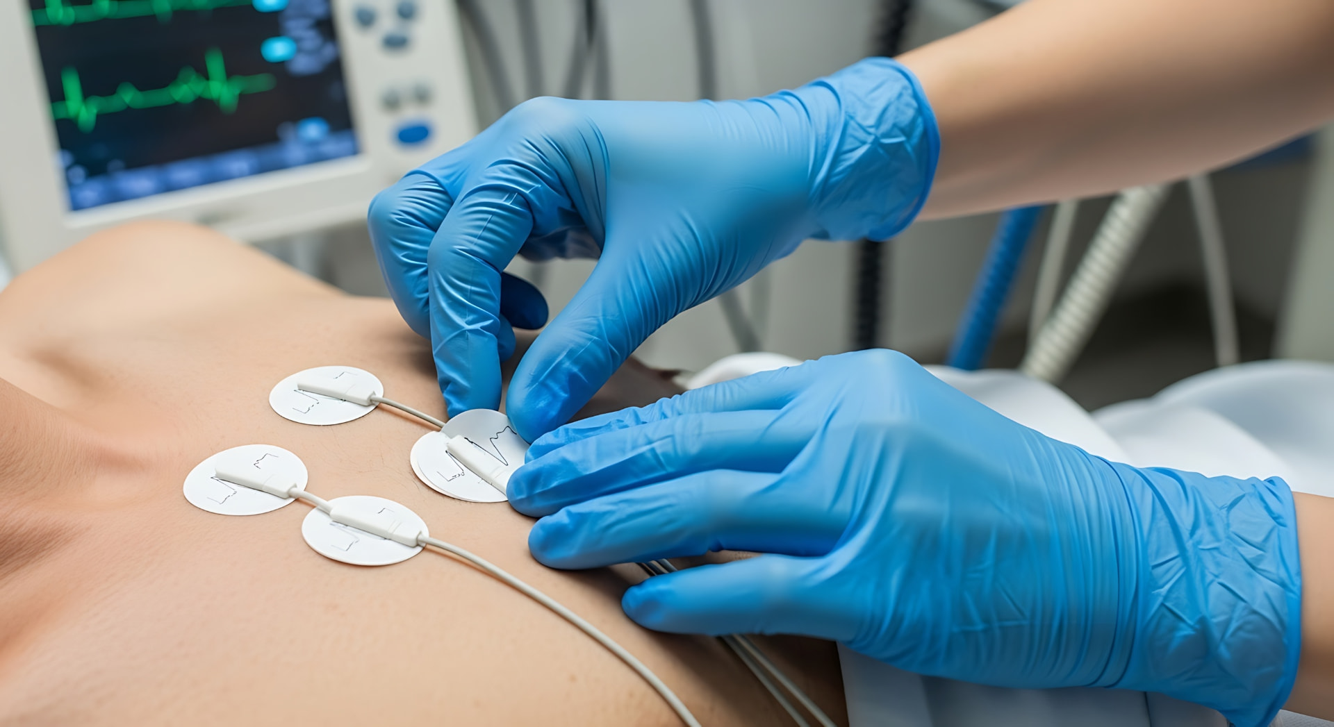 Profissional posicionando eletrodos de eletrocardiograma em paciente na Corbe